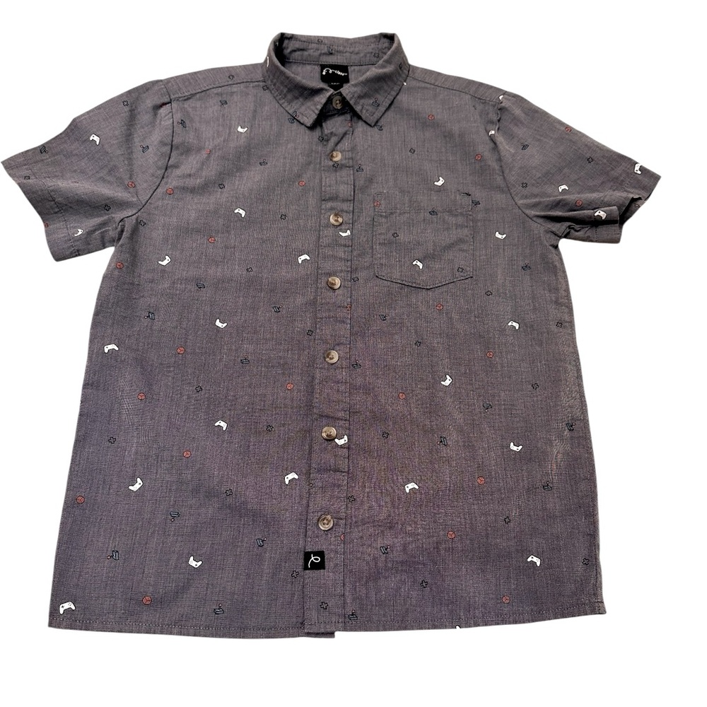 Art Class Button Up Shirt Boys Gray Video Games Short Sleeve, size S 6/7